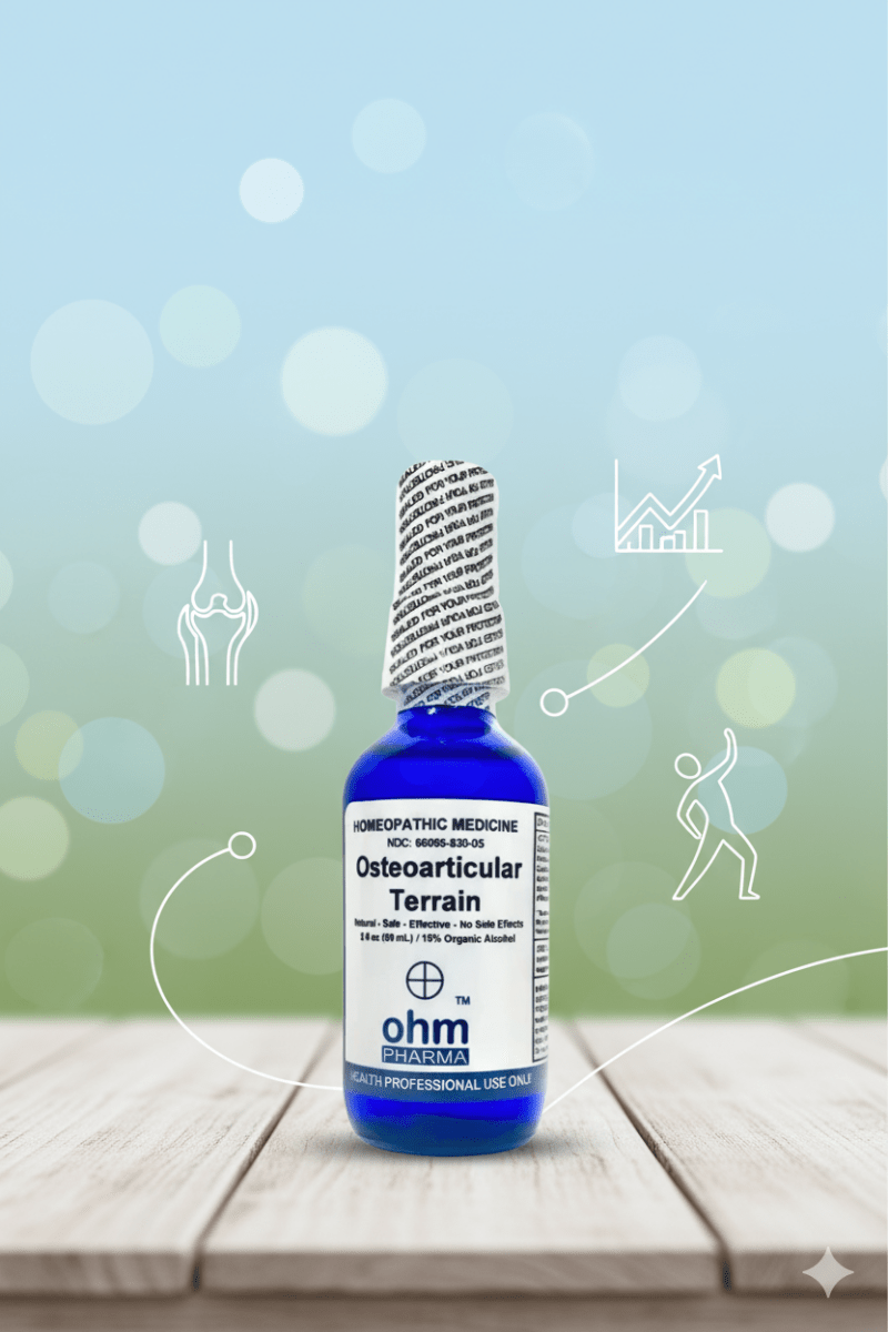 Frasco de spray homeopático Osteoarticular Terrain de OHM Pharma para apoyar la movilidad y confort articular.