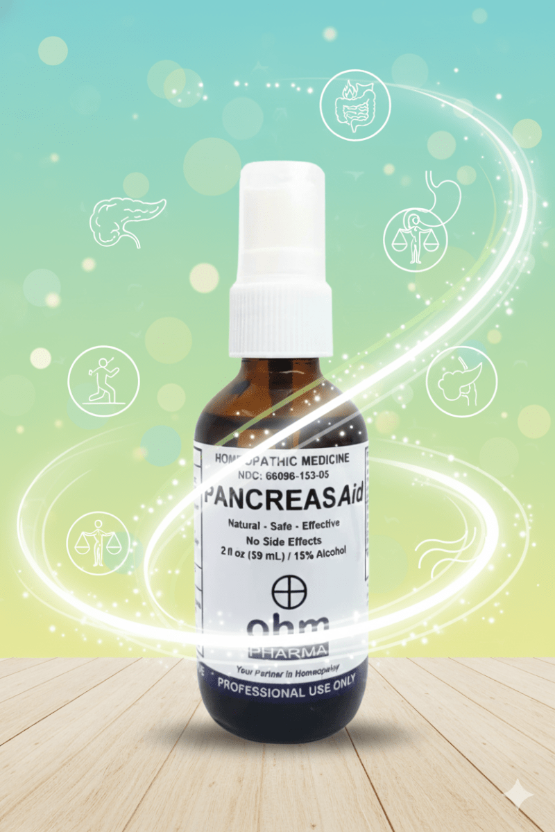 Frasco de spray homeopático Pancreas Aid de OHM Pharma para apoyar el equilibrio corporal y la vitalidad diaria.