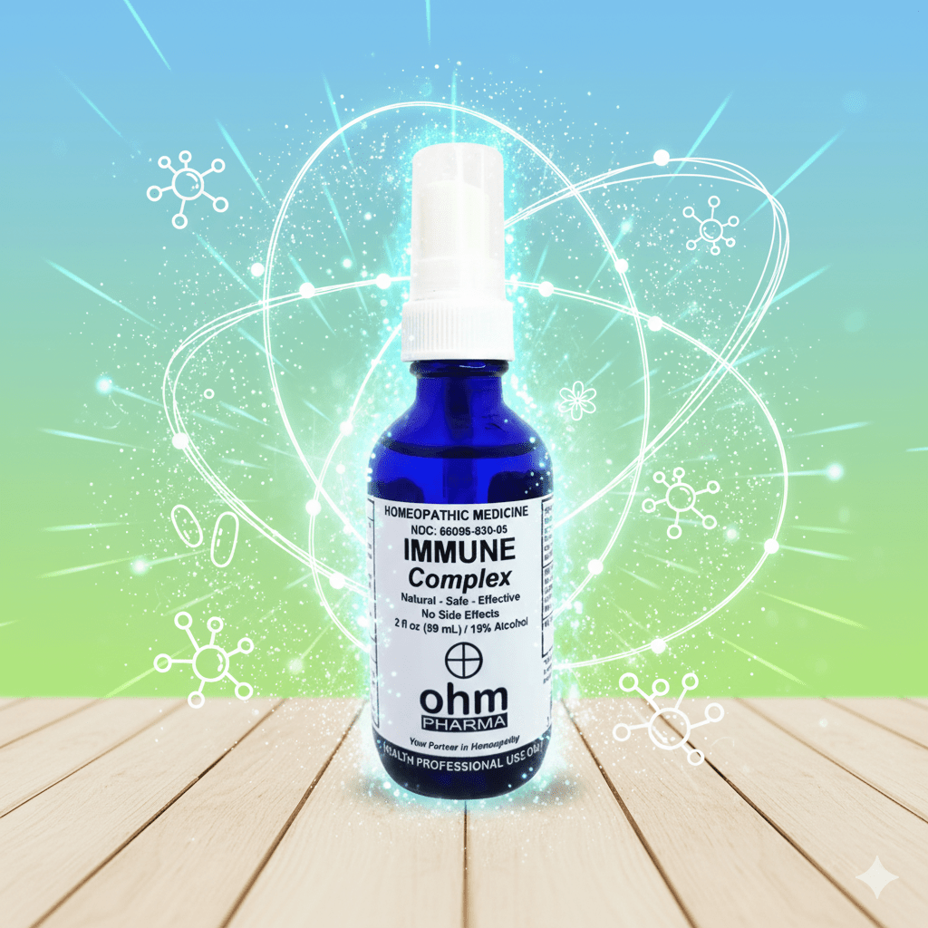 Frasco de spray homeopático Immune Complex de OHM Pharma para apoyar el bienestar inmunológico y la energía.