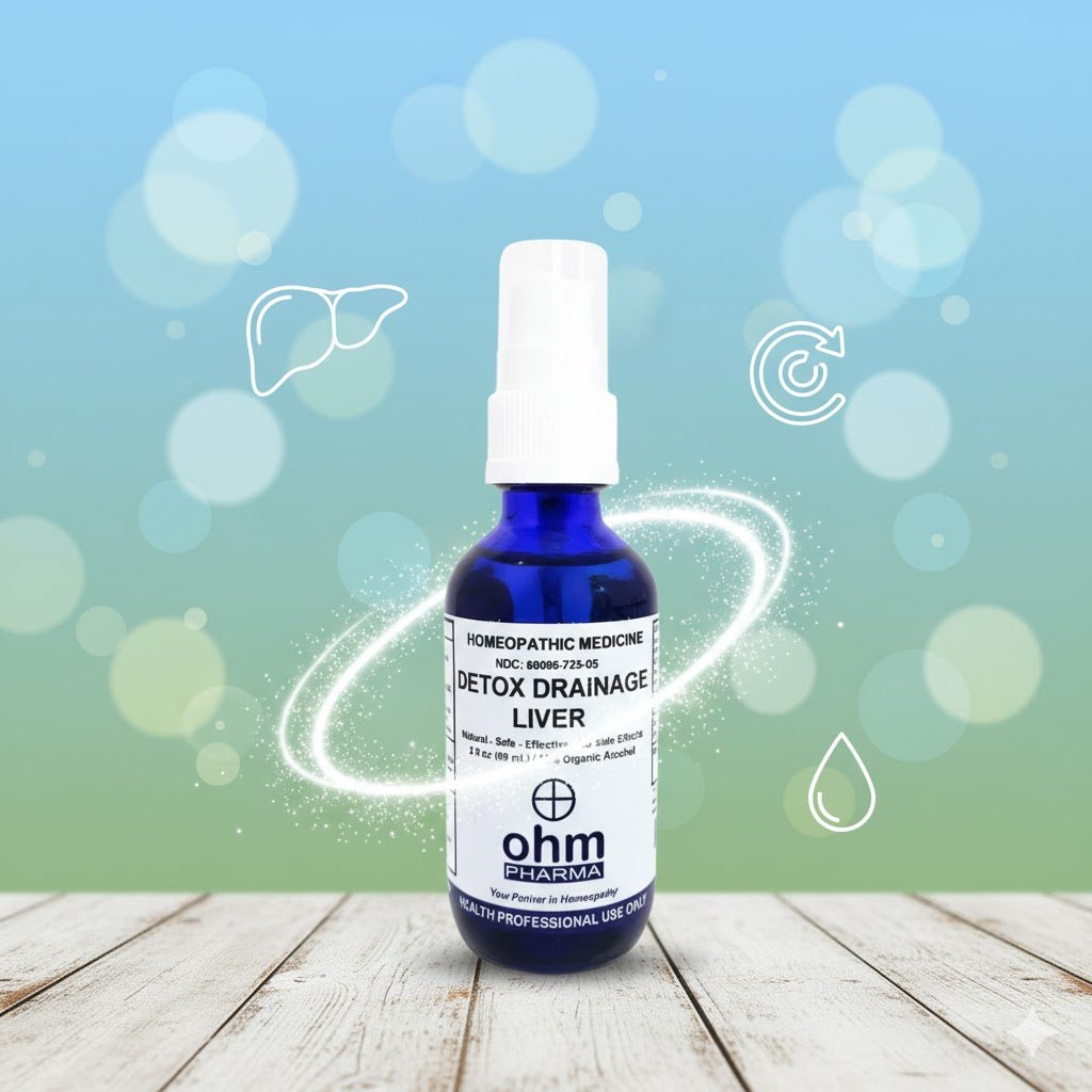 Frasco de fórmula homeopática Liver Detox para apoyar la depuración del hígado y la eliminación de toxinas.