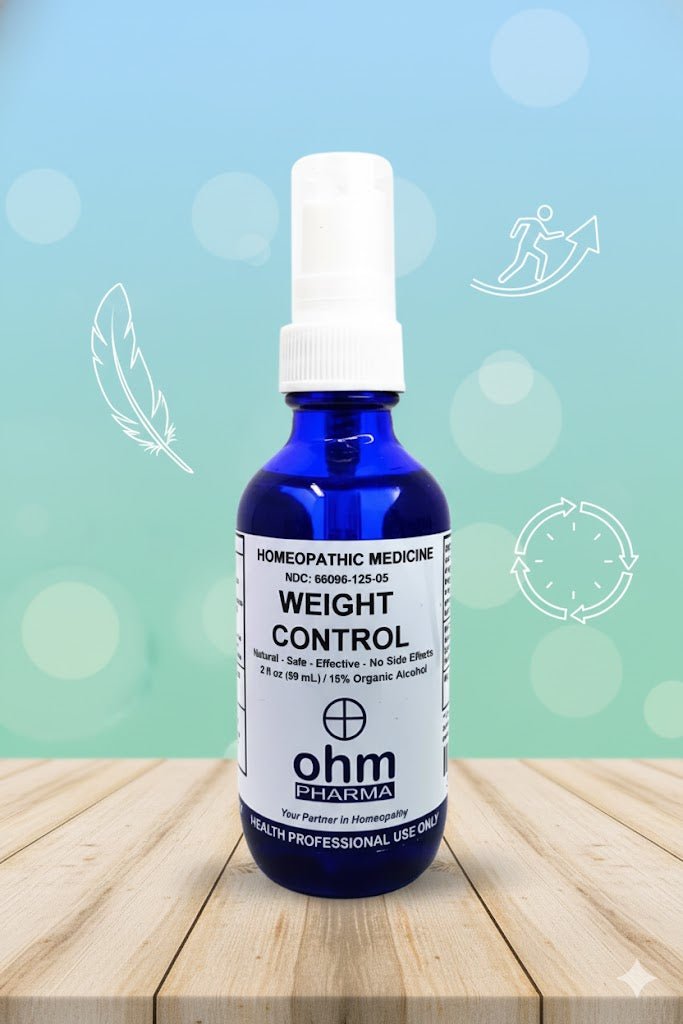 Frasco de spray homeopático Weight Control de OHM Pharma para apoyar hábitos saludables y el bienestar diario.