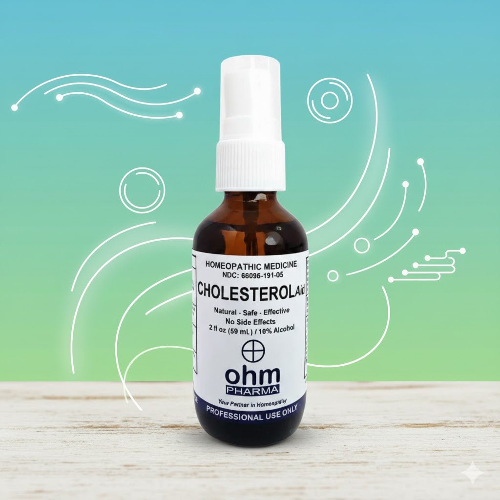 Frasco de spray homeopático Cholesterol Aid para alivio temporal de malestares asociados al metabolismo hepático.